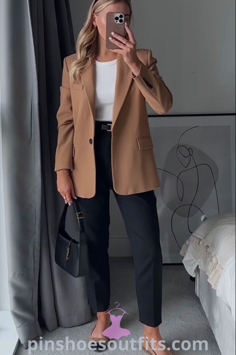 Smart Corporate Attire with a tan blazer, black top, and dress pants creates a stylish and chic outfit for the office. This combination is perfect for Autumn Office Outfits Women 2023. Explore more outfit ideas to inspire your look this season at pinshoesoutfits.com.