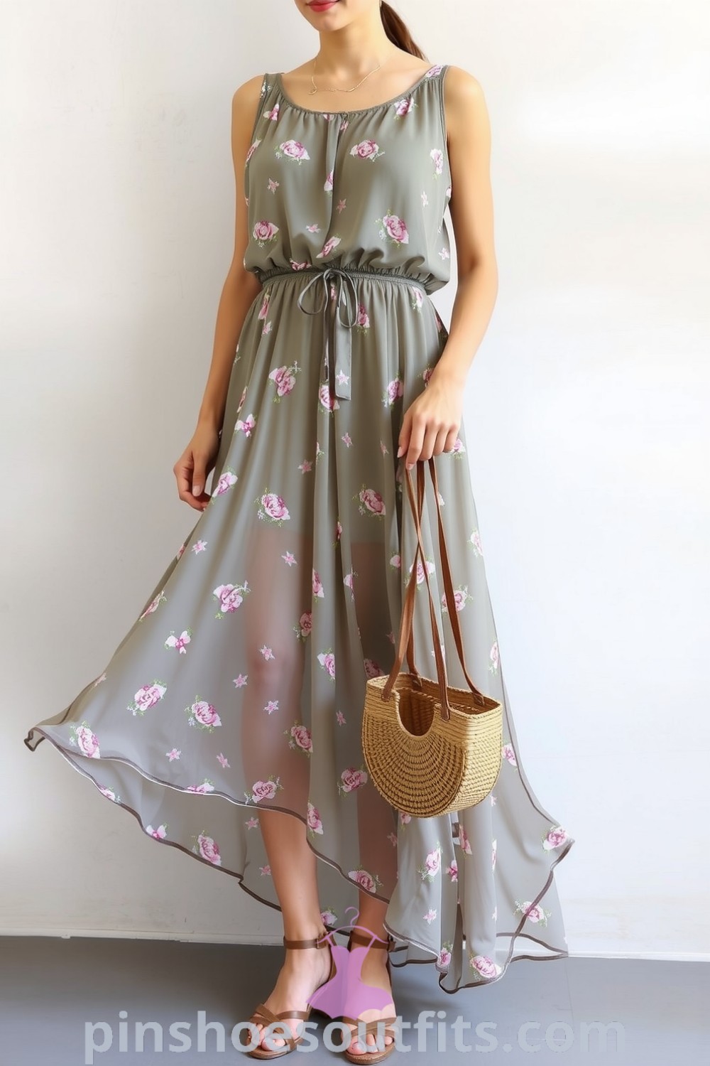 Charming floral maxi dress with a cinched waist, lightweight chiffon fabric, strappy sandals, and a woven tote for a relaxed yet elegant look. pinshoesoutfits.com