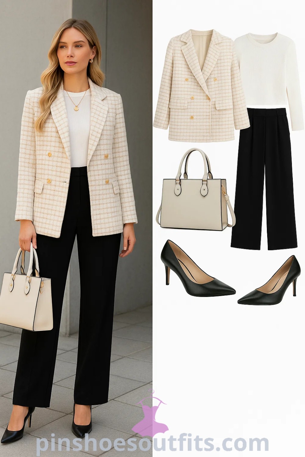 elegant black wide-leg trousers and cream plaid blazer with pointed toe pumps and structured beige handbag, perfect for professional outfits, business casual events, and chic office environments on pinshoesoutfits.com.