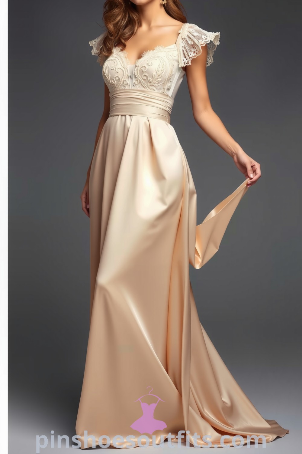 Elegant floor-length satin gown with lace details and fluttering cap sleeves, perfect for romantic evenings. A sophisticated outfit idea to inspire your elegance this season. pinshoesoutfits.com