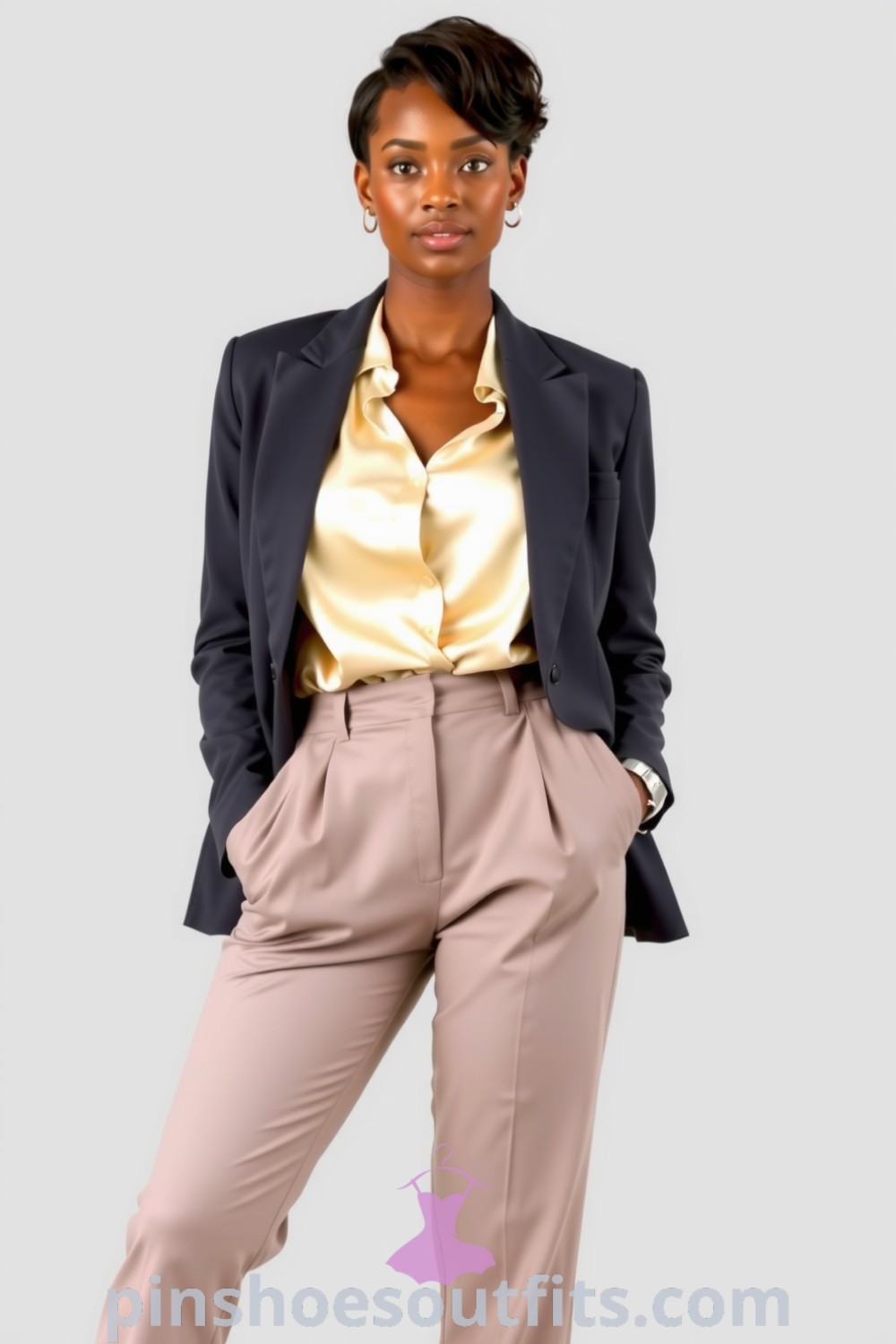 Professional Black woman in a tailored charcoal blazer, cream blouse, high-waisted trousers, and pointed-toe pumps, exuding confidence and sophistication. pinshoesoutfits.com