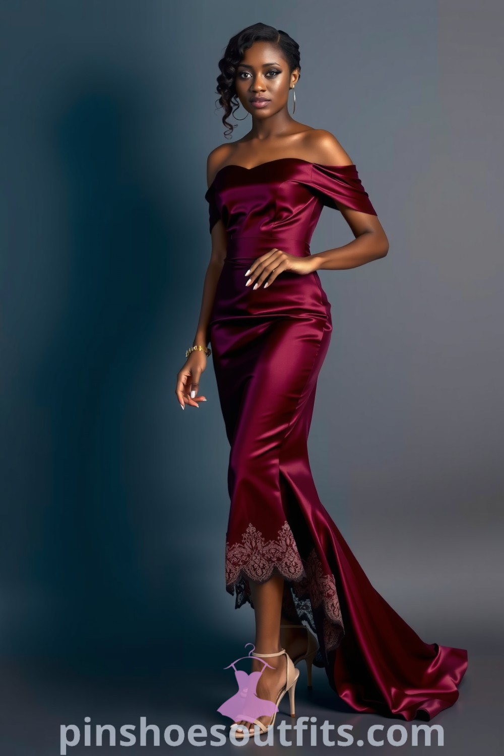 Elegant off-the-shoulder burgundy dress made of satin with delicate lace details, perfectly complemented by strappy heels and gold accessories. An inspiring outfit idea to look chic and expensive. pinshoesoutfits.com