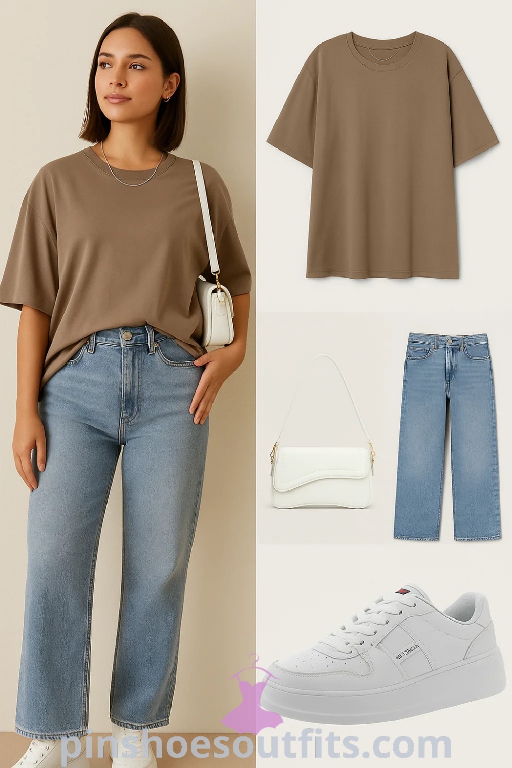 light blue wide-leg jeans, relaxed fit brown t-shirt, white platform sneakers, small crossbody handbag, casual and trendy outfit perfect for daily errands or brunch, showcasing clean aesthetic on pinshoesoutfits.com