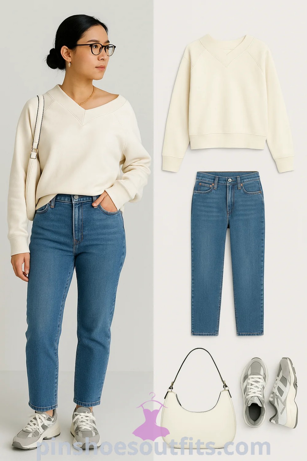 off-white sweater, blue high-waisted jeans, grey sneakers, off-white shoulder bag, trendy casual outfit ideas for pinshoesoutfits.com