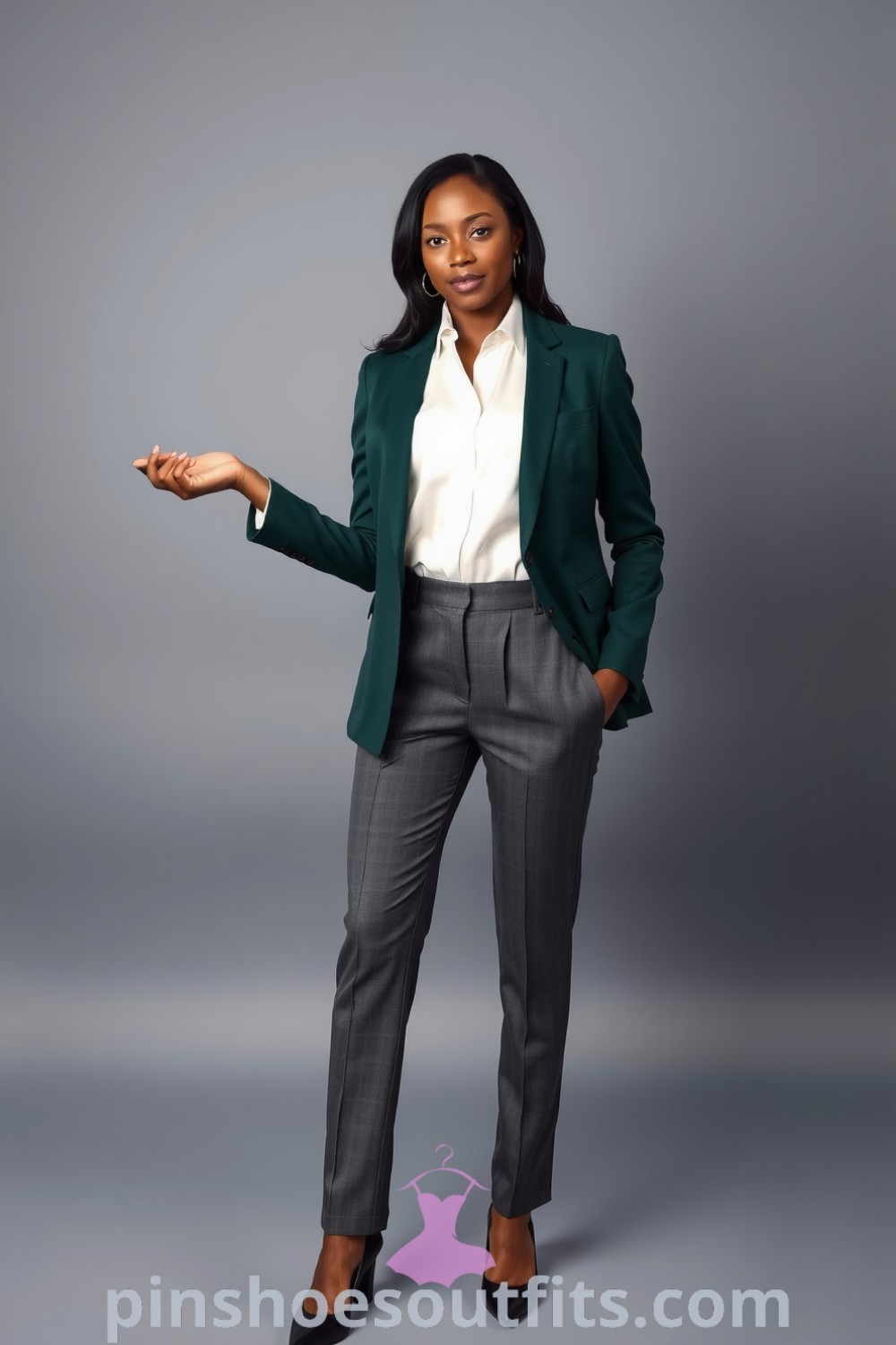 Polished workwear outfit featuring tailored charcoal trousers, crisp white blouse with pintuck details, fitted forest green blazer, and classic black pumps, perfect for professional events. pinshoesoutfits.com