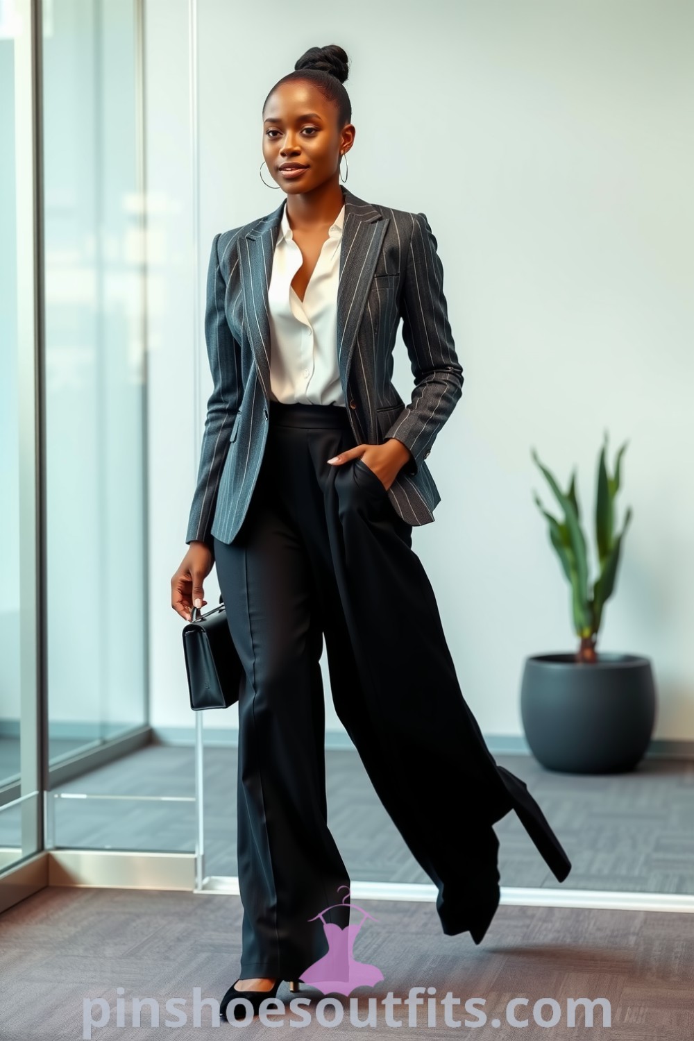Black woman in a tailored charcoal gray blazer, high-waisted black wide-leg trousers, and a silk white blouse, showcasing polished office style that balances professionalism and personal flair. pinshoesoutfits.com
