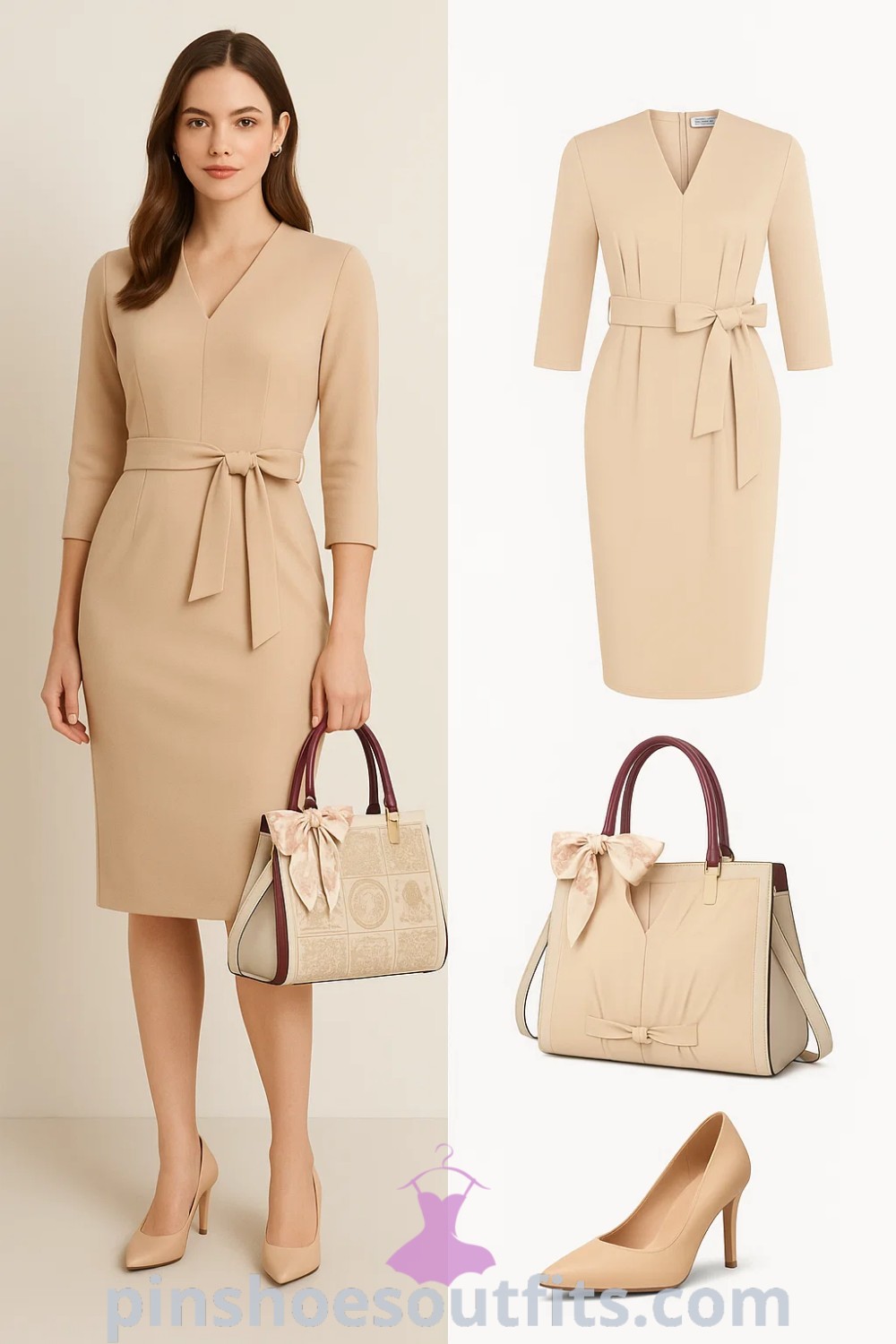 a fitted beige dress with a tie belt, structured beige handbag with a bow, and pointed toe high heels create a perfect smart casual outfit for office and formal occasions, featuring chic elegance and sophistication. Ideal for business meetings or brunch events, this stylish look is a must-have on pinshoesoutfits.com.