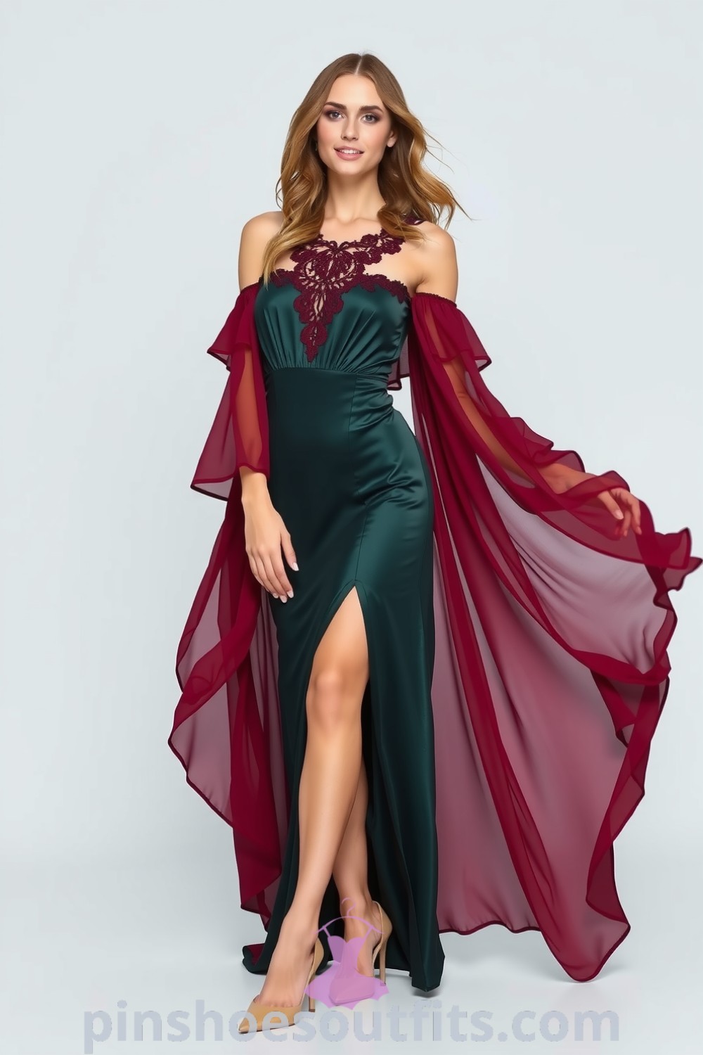 Elegant burgundy chiffon dress with lace detailing, soft layers, and fluttering sleeves, complemented by strappy nude heels. A romantic outfit idea for any evening occasion. pinshoesoutfits.com
