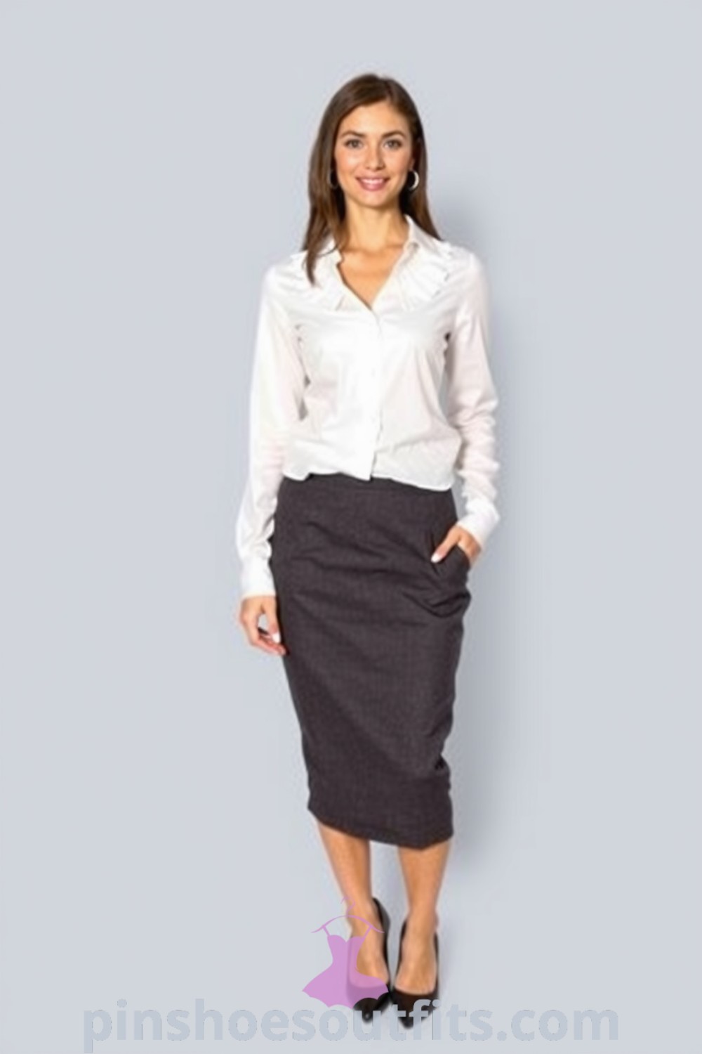 Stylish woman in a tailored charcoal pencil skirt and a crisp white blouse with pleats, finished with pointed-toe heels. A perfect look for the office or meetings. pinshoesoutfits.com