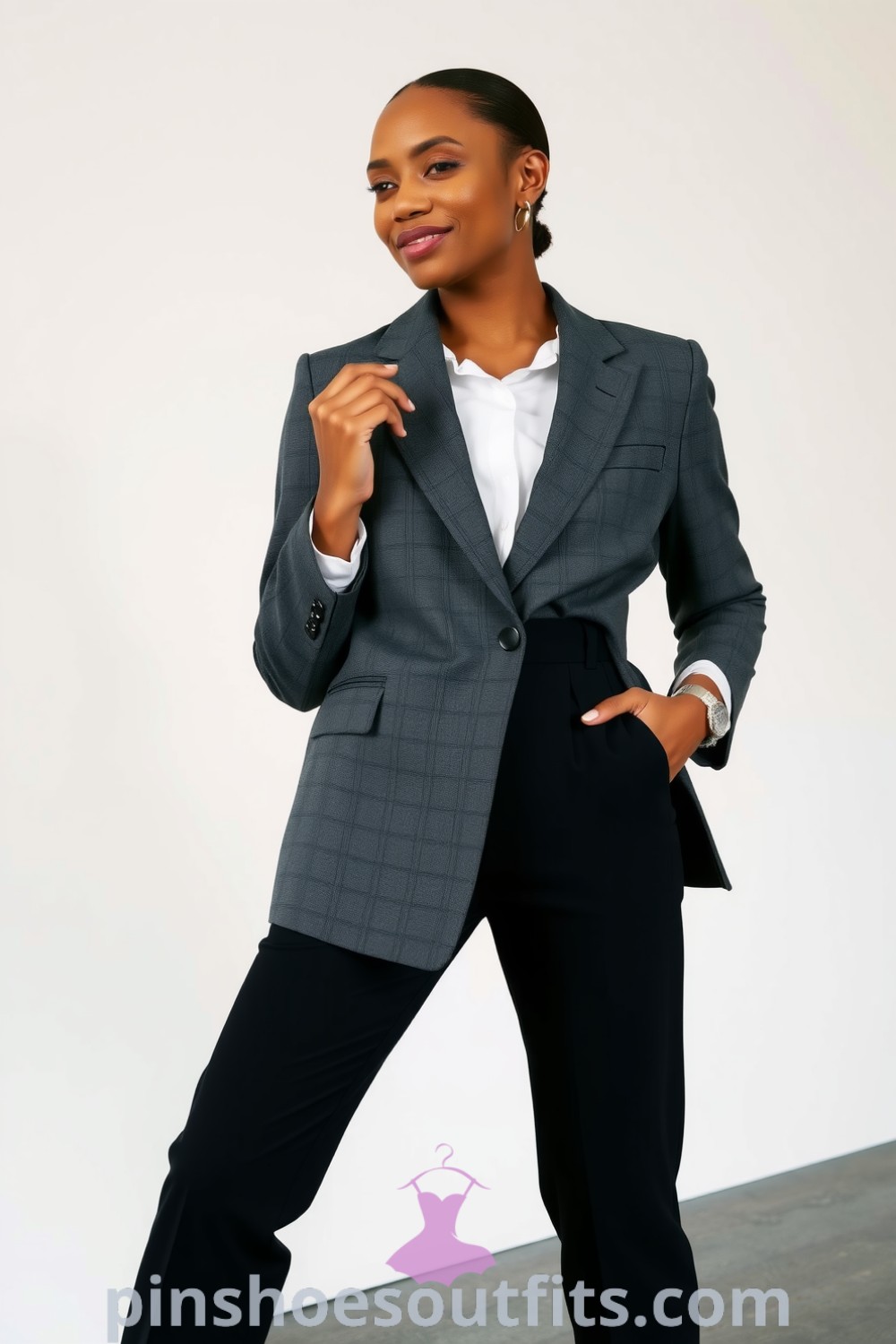 Stylish black woman showcasing a modern workwear outfit with a tailored blazer, crisp blouse, and high-waisted trousers. The polished look reflects elegance and confidence, featuring pointed-toe heels and silver accessories. Outfits to inspire your look this season at pinshoesoutfits.com.