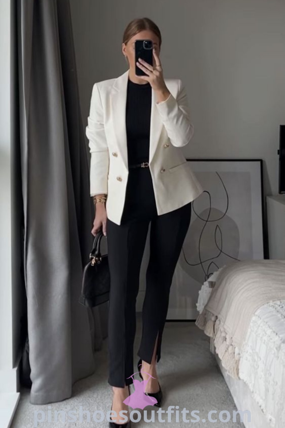 Chic networking event outfit showcasing a white blazer, tailored law outfits, and sophisticated office fits. Perfect for women attending formal events, this stylish look combines elegance with comfort. Discover more outfit ideas at pinshoesoutfits.com.
