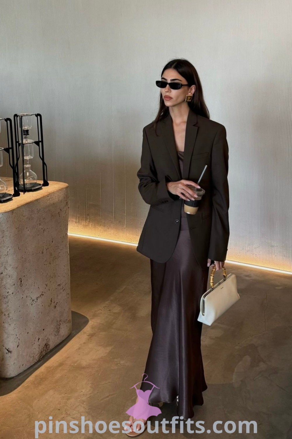 Elegant silk and satin outfits featuring a chic combination of brown skirt outfit, silk dresses outfit, and satin skirt outfit. Discover inspiring ideas for corporate outfits at pinshoesoutfits.com, perfect for every woman