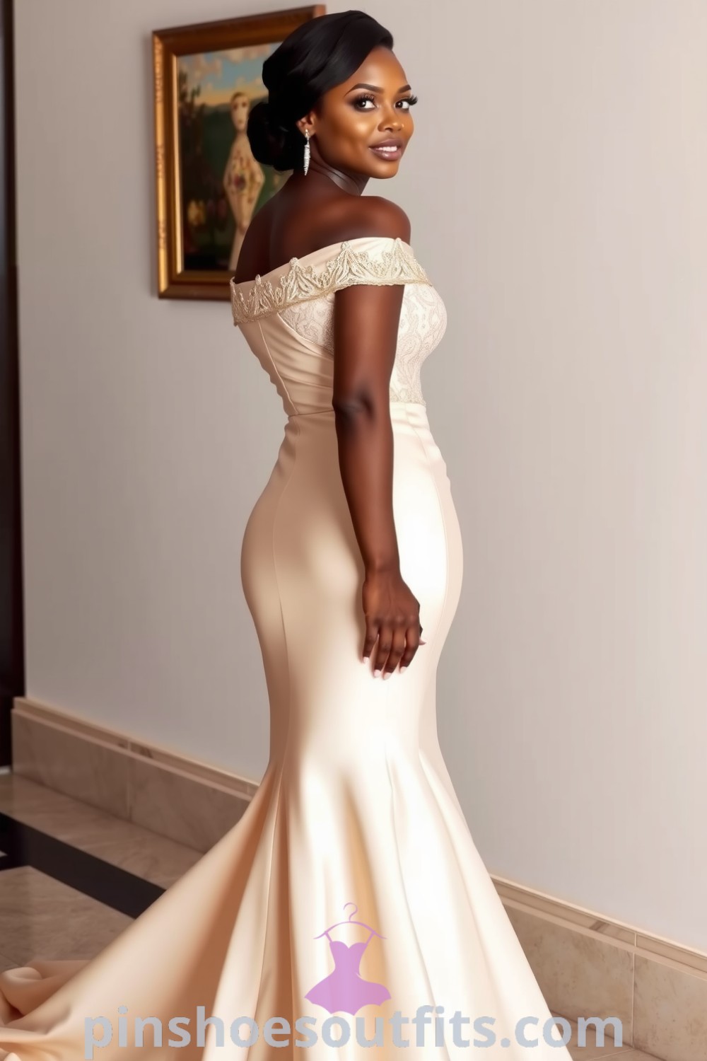 A stunning black off-the-shoulder mermaid gown made of satin with lace appliqués, worn by a Black woman, radiating elegance and confidence. Ideal for a candlelit dinner, showcasing sophisticated styles for women