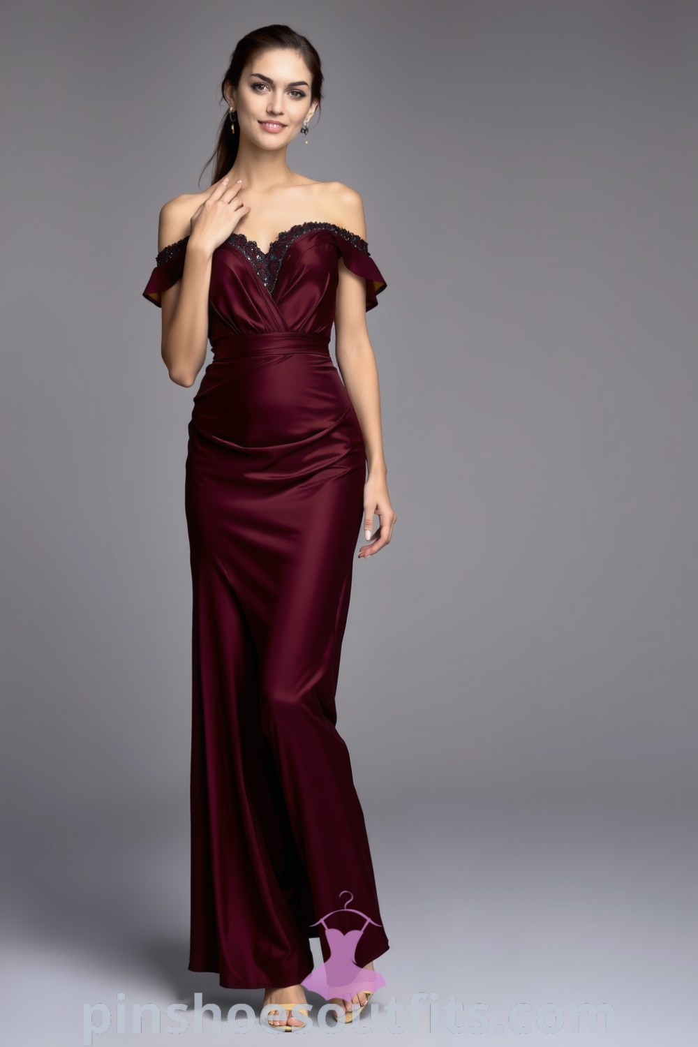 Elegant deep burgundy midi dress with lace embellishments and A-line silhouette, paired with strappy heels and gold jewelry. A perfect choice for special occasions. pinshoesoutfits.com