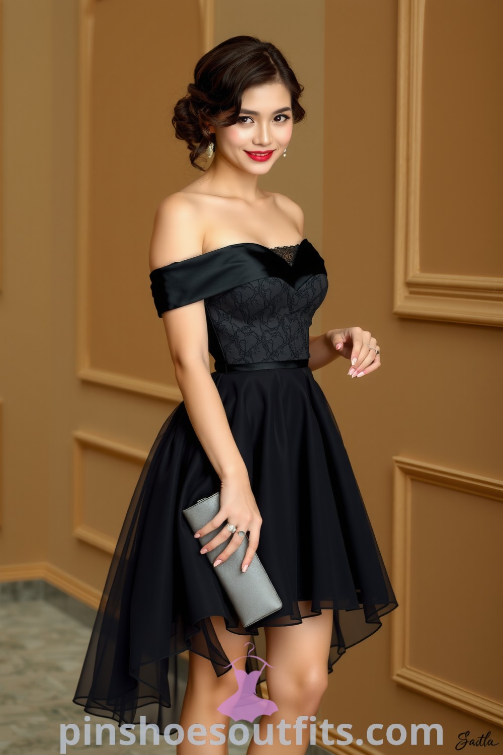 Elegant black satin off-the-shoulder dress with lace detailing and a layered chiffon skirt, perfect for date night. Discover stylish outfit ideas to look chic and elegant at pinshoesoutfits.com.