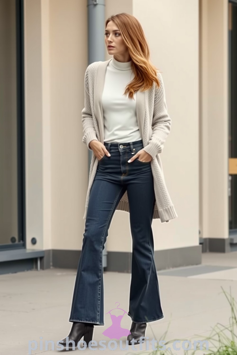 Woman in high-waisted wide-leg jeans, white cashmere turtleneck, and oversized cardigan, wearing sleek ankle boots. A relaxed yet elegant outfit idea to inspire your look this season. pinshoesoutfits.com