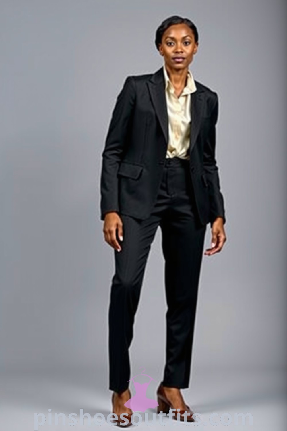 A Black woman in a tailored charcoal suit with a fitted blazer and high-waisted trousers, paired with a soft ivory silk blouse and sleek leather pumps, embodying professional elegance. pinshoesoutfits.com