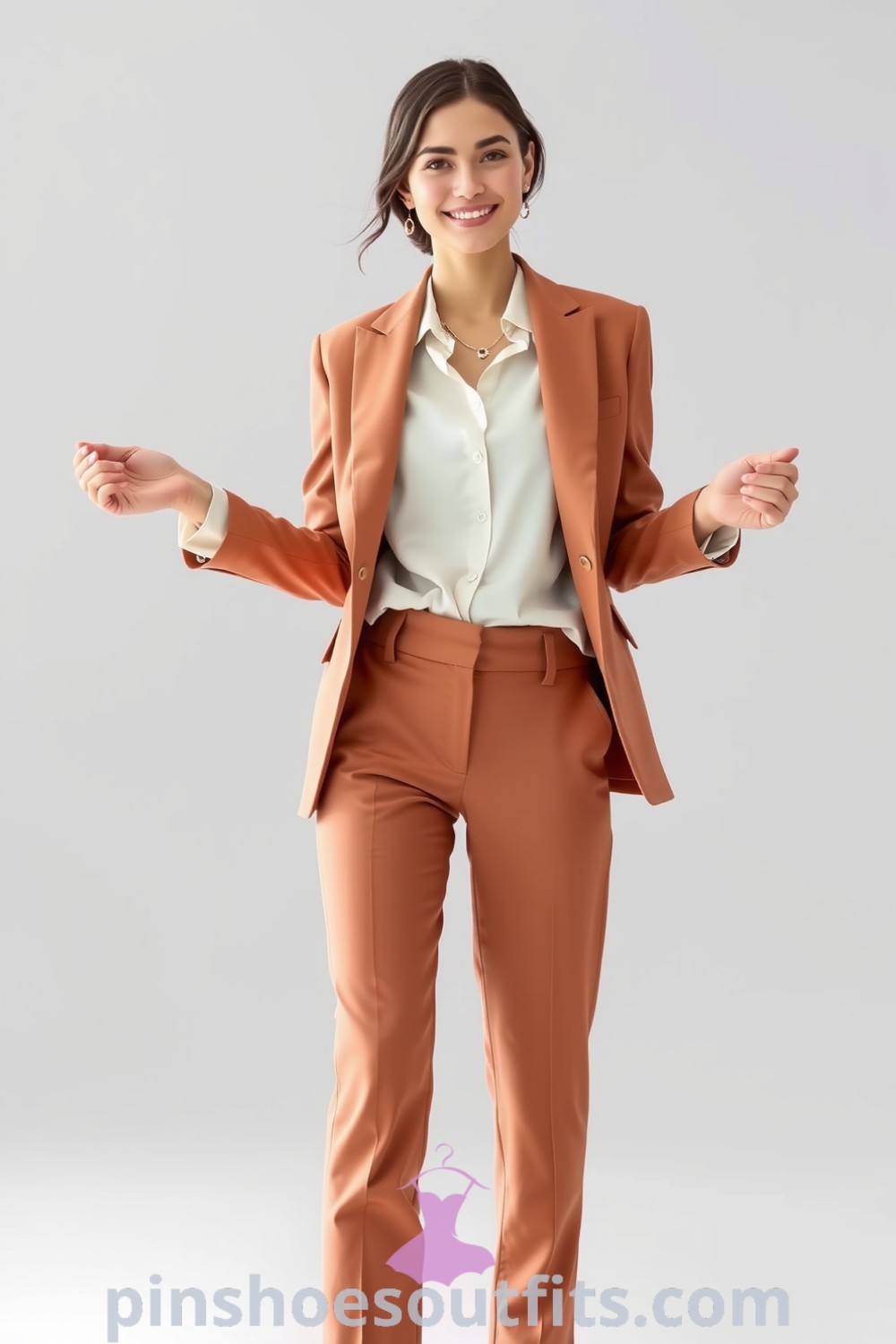 Stylish workwear outfit featuring tailored high-waisted trousers, a fitted embellished blouse, and a chic blazer. Perfect professional ensemble for both meetings and after-work events. pinshoesoutfits.com
