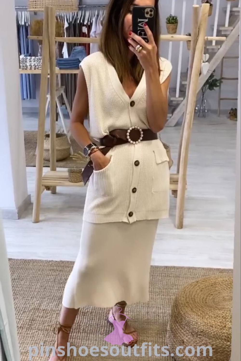 Chic barbecue outfit featuring stylish vest outfits for women, casual vestidos, and smart casual elements with Greek sandals. Perfect for outdoor gatherings and full of outfit inspo from pinshoesoutfits.com.