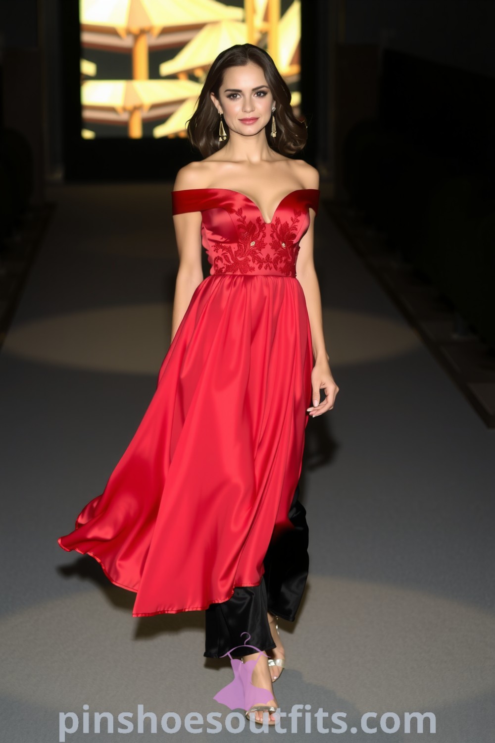 Elegant off-the-shoulder red satin dress with lace detailing, showcasing curves and sophistication, ideal for a captivating evening out. pinshoesoutfits.com