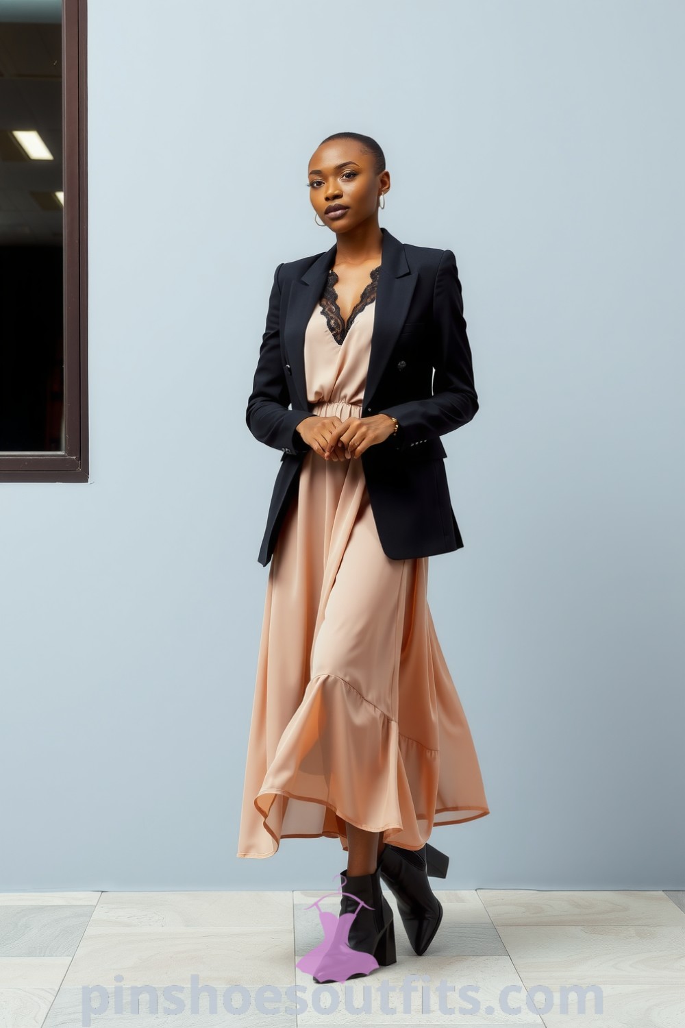 Elegant black woman in a flowing chiffon midi dress with lace detailing and stylish ankle boots, embodying sophisticated evening wear. pinshoesoutfits.com