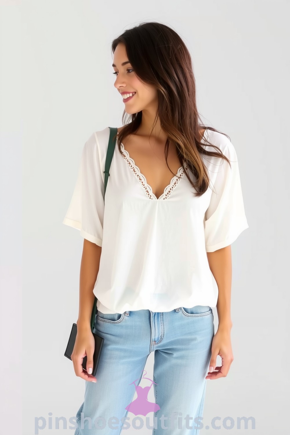 The image depicts a woman in a flowing white cotton blouse with lace detailing, relaxed denim jeans, and minimalistic sandals, showcasing casual elegance and style inspiration. pinshoesoutfits.com