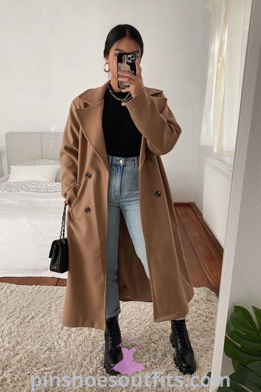 Stylish Brown Trench Coat Outfit showcasing a winter coat ideal for casual or elegant outfits. Perfect for creating sophisticated looks in New York and beyond. Discover more outfit ideas at pinshoesoutfits.com.