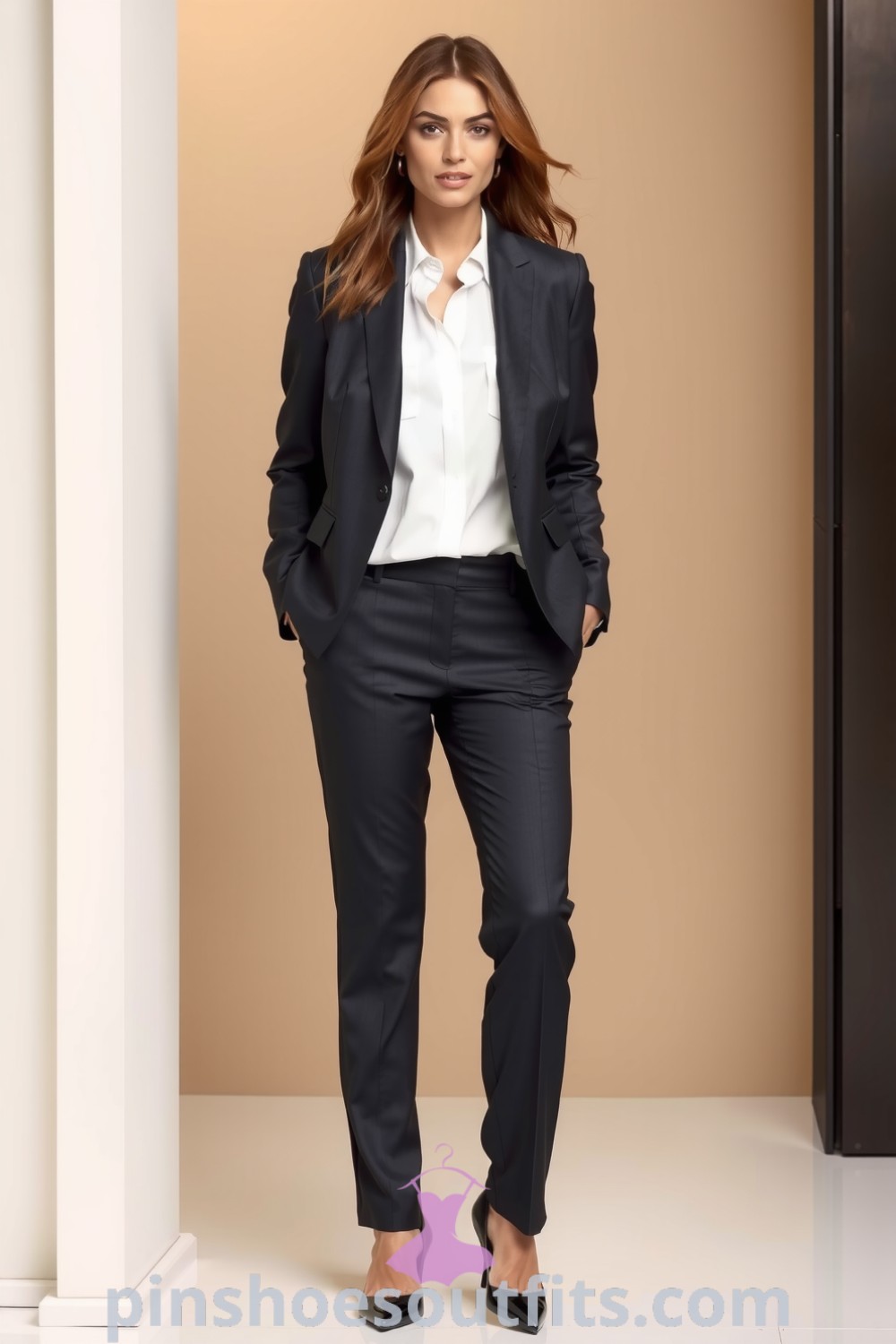 A confident woman in a tailored charcoal suit with a fitted blazer, classic straight-leg trousers, and a white blouse, complemented by pointed-toe heels. A prime example of stylish and elegant workwear. pinshoesoutfits.com
