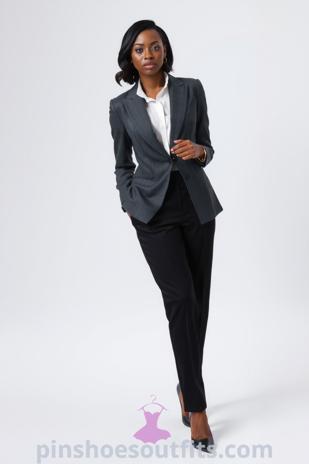 Sophisticated workwear outfit featuring a Black woman in a tailored charcoal gray blazer, white silk blouse, and polished black trousers. Stylish and elegant, ideal for office settings. pinshoesoutfits.com