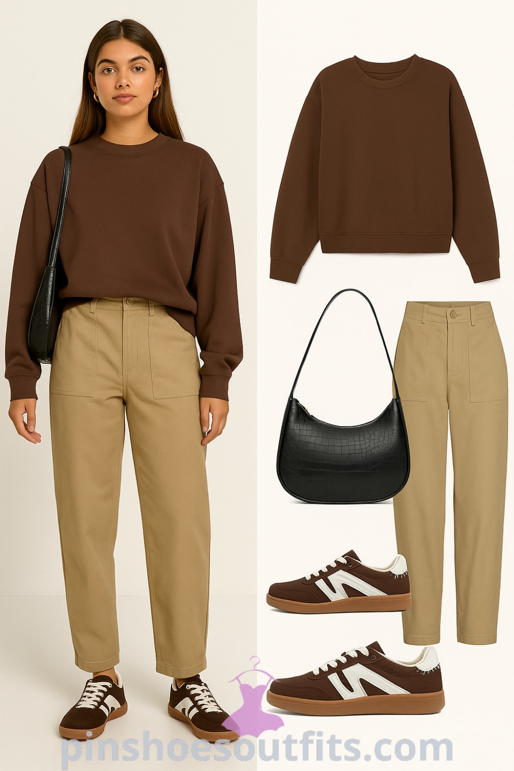 brown sweatshirt, khaki high-waisted pants, brown sneakers, and a black crossbody bag create a stylish Basic Casual look perfect for every day. Explore more at pinshoesoutfits.com.
