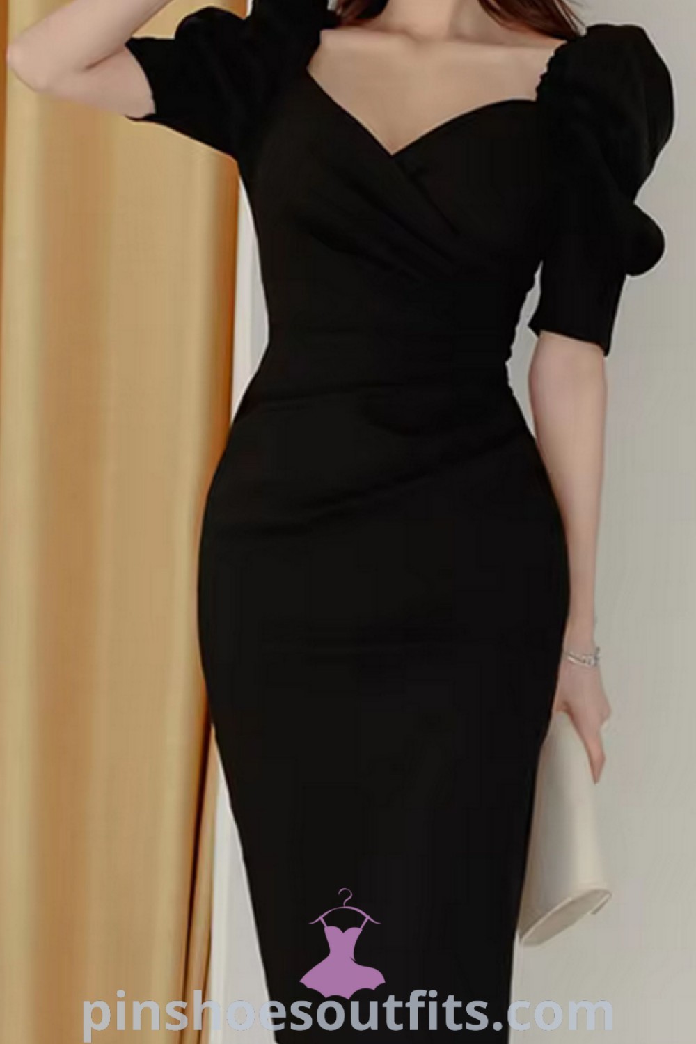 Elegant black pencil dress outfit with puff sleeves and a V-neck, perfect for office and evening wear. Stylish and versatile, ideal for every woman. Discover more outfit ideas at pinshoesoutfits.com.
