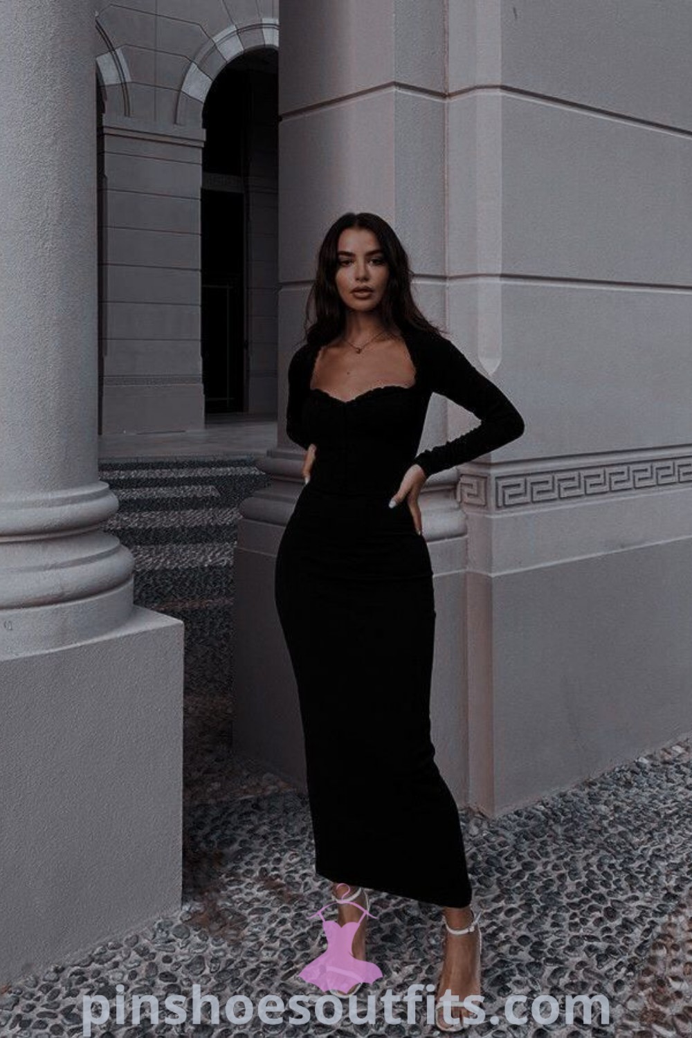 Long Black Dress Long Sleeve showcasing an elegant, feminine style that enhances your silhouette. This stylish black dress long outfit is ideal for various occasions, presenting a chic and seductive look. Explore outfit ideas to inspire your fashion choices at pinshoesoutfits.com.