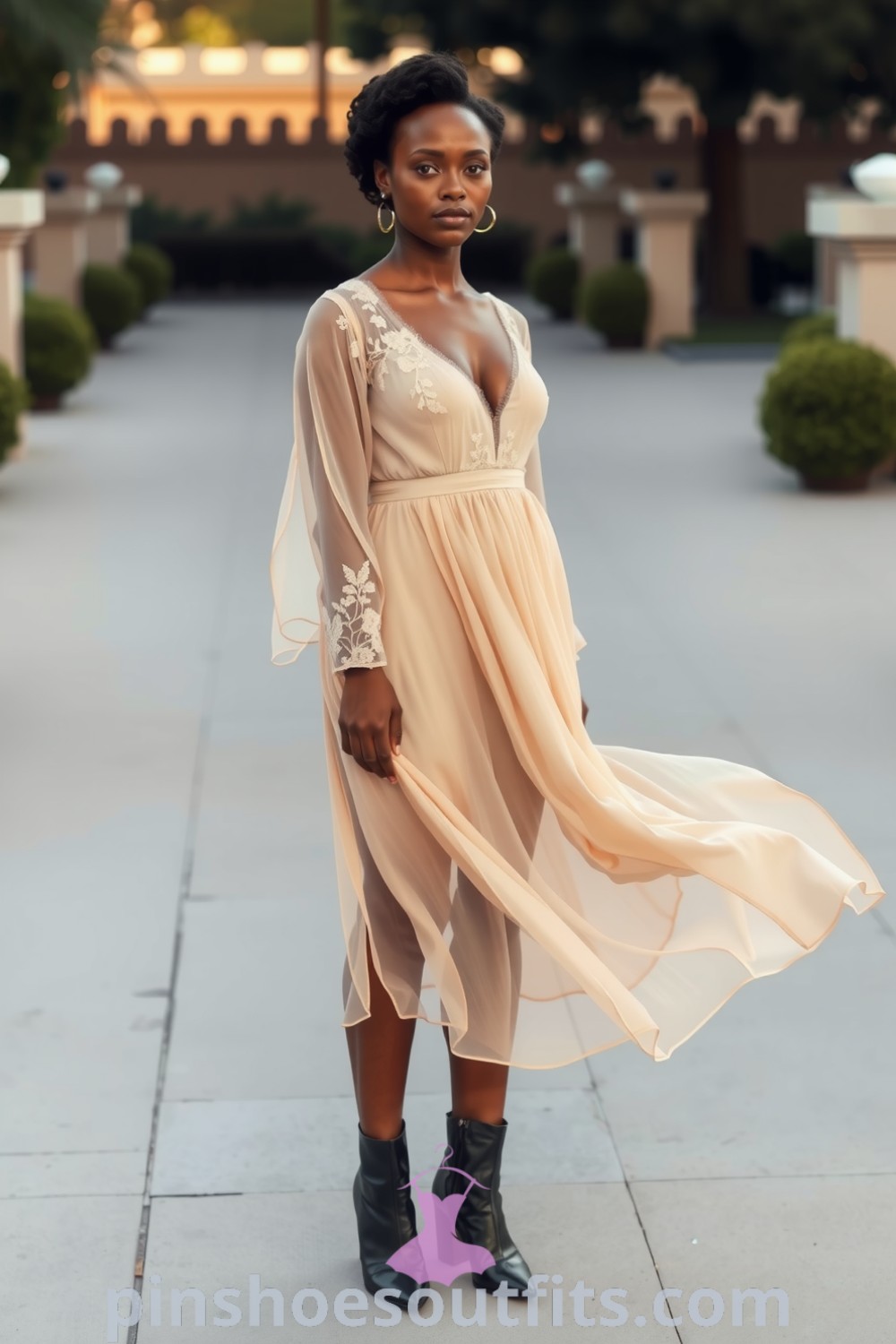 Black woman in an elegant A-line midi dress made of lightweight chiffon with lace sleeves and a floral pattern, paired with ankle boots. A stylish outfit idea for outdoor celebrations. pinshoesoutfits.com