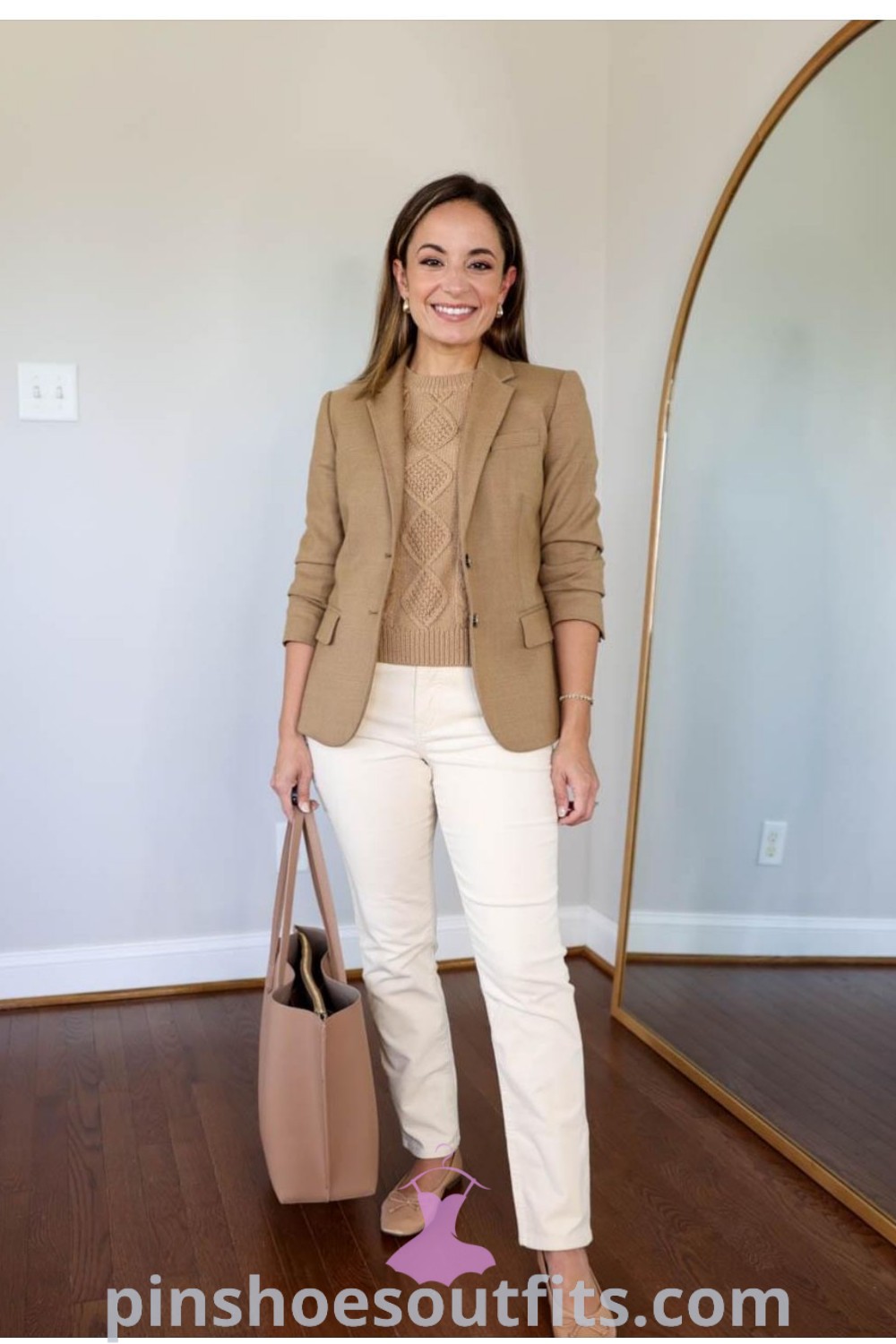Chic Camel Blazer outfits for women, including work wear capsule styles with white pants and stylish pumps, perfect for interviews and fall work wear. Explore outfit ideas to look expensive and elegant at pinshoesoutfits.com.