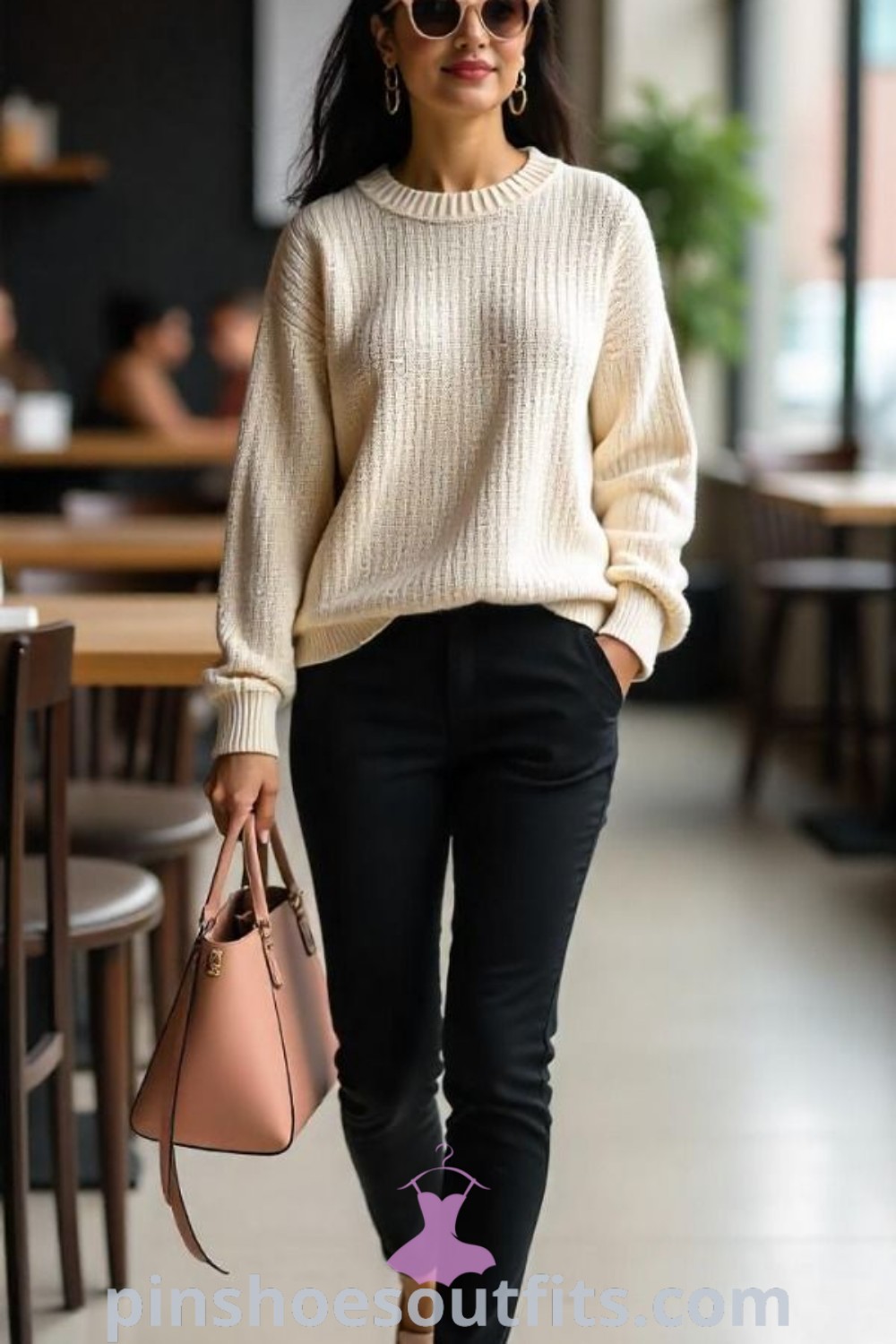 Winter midi skirt style featuring warm tights, chunky sweaters, and a stylish coat for a cozy winter look. Ideal for the office and casual outings, these outfit ideas inspire elegance and comfort. Find more outfit inspiration at pinshoesoutfits.com