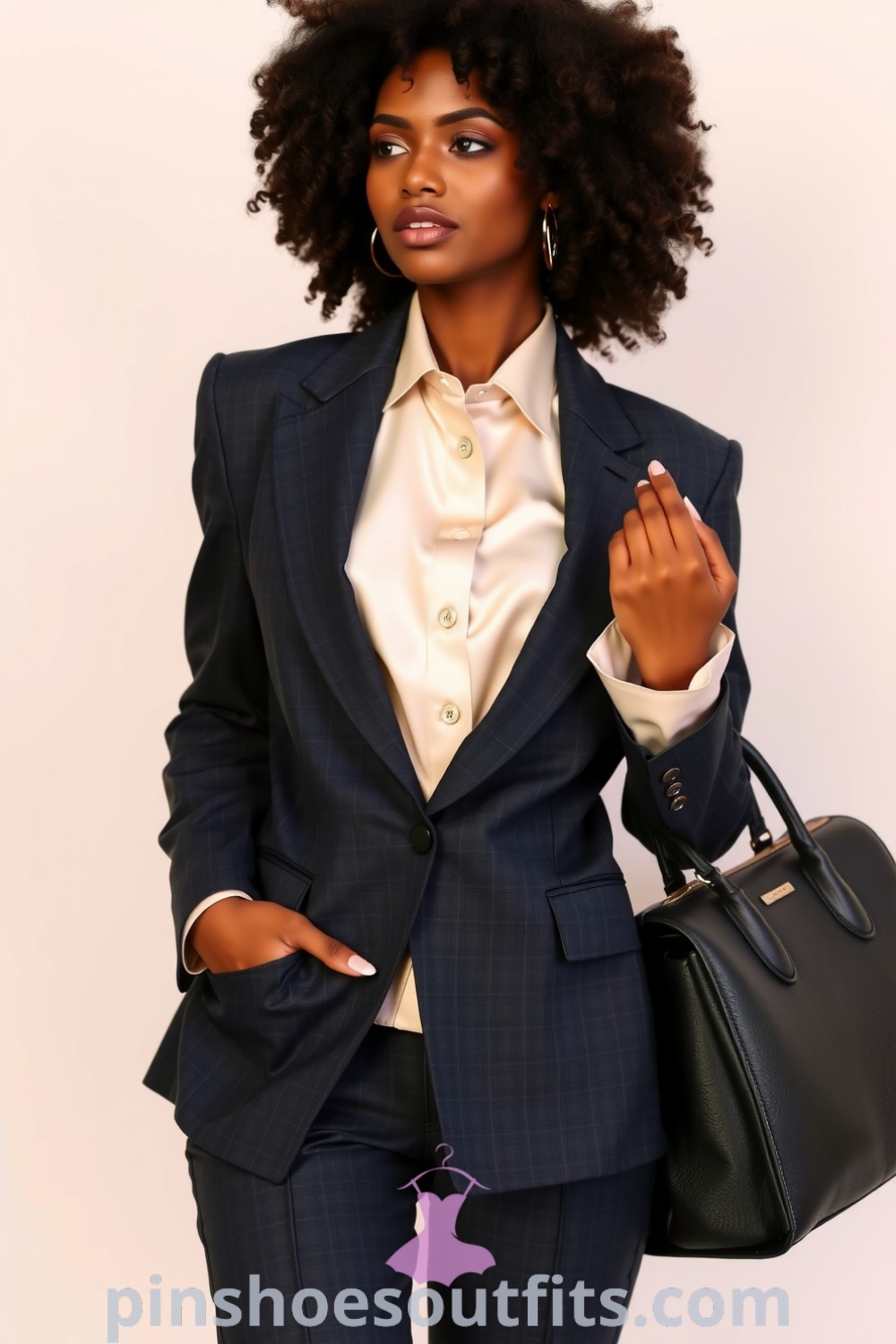 Stylish workwear outfit featuring a tailored charcoal suit, cream silk blouse, pointy-toed heels, and silver accessories, perfect for a professional setting. pinshoesoutfits.com