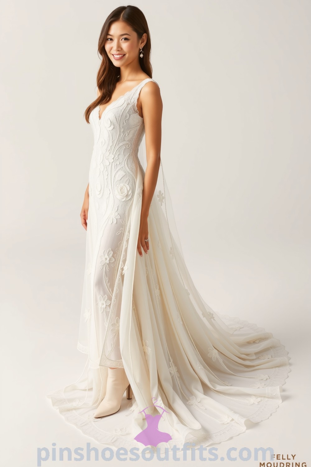 Elegant bride in a flowing lace gown adorned with floral appliqués, paired with chic ankle boots, blending tradition with modern style. pinshoesoutfits.com
