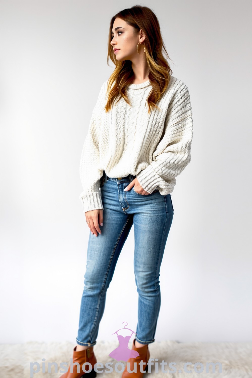 Stylish outfit with a cream knit sweater, high-waisted denim jeans, tan leather ankle boots, and gold hoop earrings, ideal for brunch or leisure. pinshoesoutfits.com