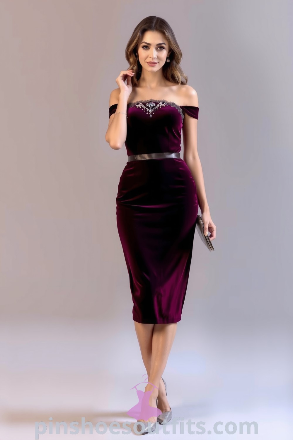 A woman wearing a sleek off-the-shoulder satin gown with intricate beading, accessorized with drop earrings and a minimalist clutch, showcasing elegant style. pinshoesoutfits.com