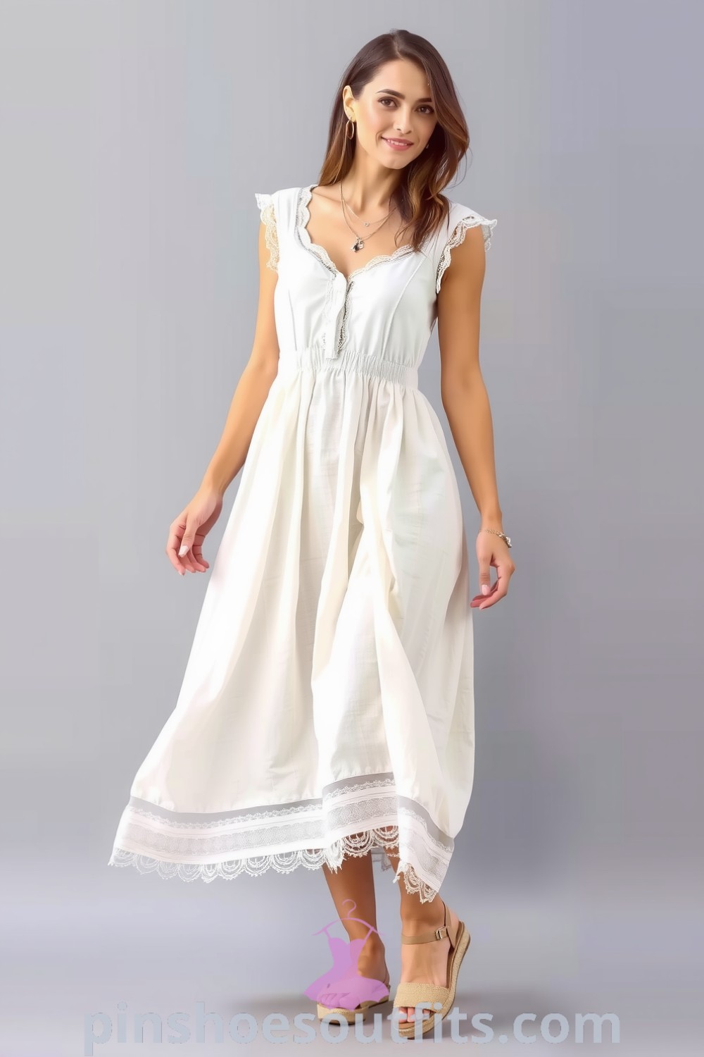 Elegant woman in a light linen sundress with an empire waist and a flowing skirt, adorned with lace trims, paired with espadrilles. Ideal for summer outings, showcasing effortless elegance. pinshoesoutfits.com