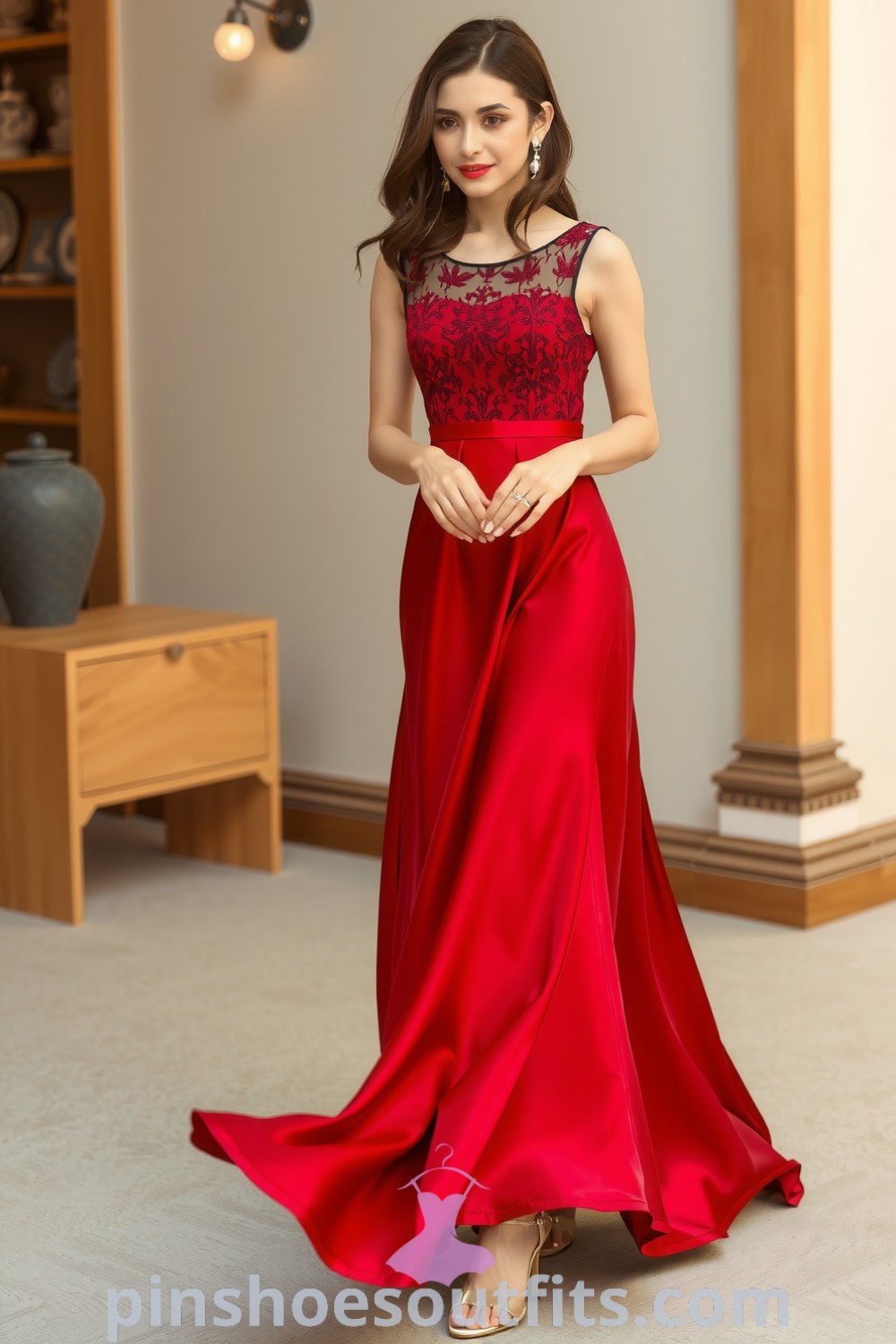 Elegant deep red satin evening dress with a flowing A-line silhouette, fitted bodice, and lace detailing. A perfect outfit for a romantic date night. pinshoesoutfits.com