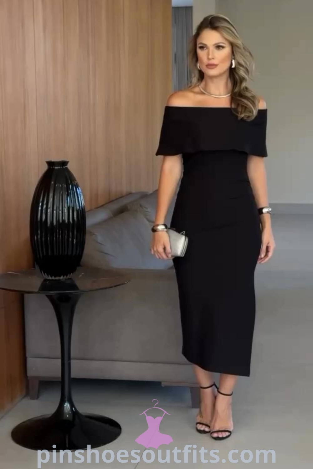 Elegant black body con dress outfit ideal for evening events, weddings, or birthday celebrations. Perfect for stylish women seeking fashionable looks with classy appeal. Discover more outfit ideas at pinshoesoutfits.com.