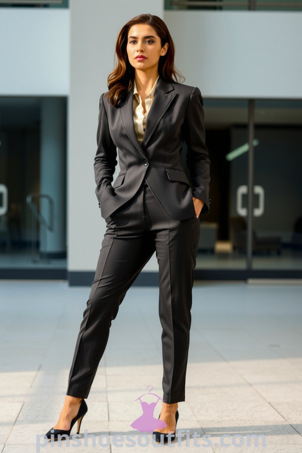 Professional woman in a tailored charcoal suit with a fitted blazer, silk cream blouse, and pointed-toe heels, showcasing styles for women