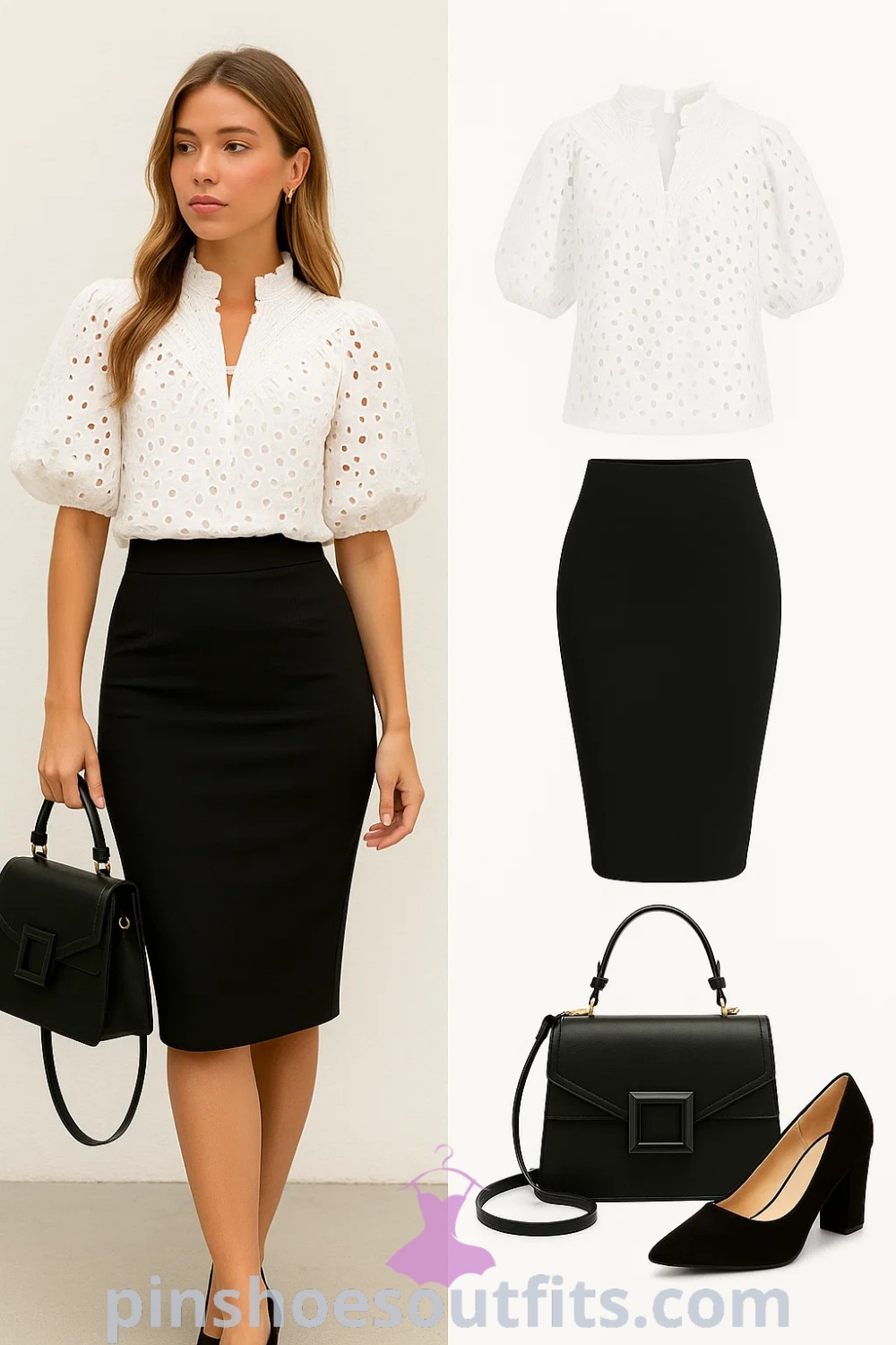black pencil skirt paired with a white puff sleeve blouse, complemented by stylish black heels and a structured handbag, ideal for smart casual, business casual, office, and dining occasions. Find more inspiration on pinshoesoutfits.com.