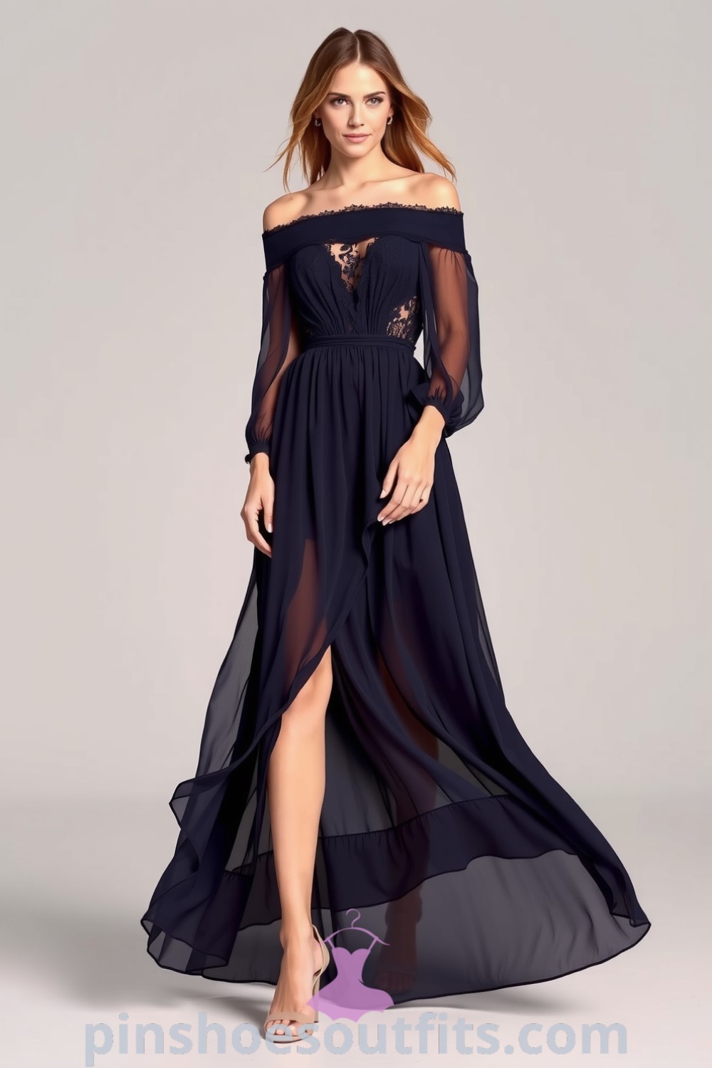 Off-the-shoulder navy chiffon gown with lace overlays and a cinched waist creates an elegant silhouette. Paired with strappy heels and minimalistic jewelry, perfect for romantic evenings. pinshoesoutfits.com