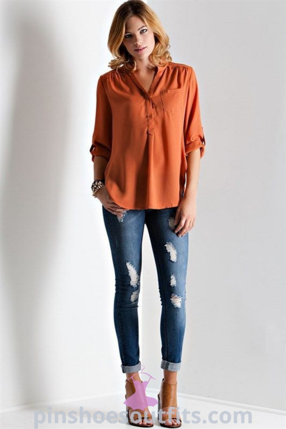 Burnt orange blouse, rust blouse, and burnt orange shirt outfits showcased together. Discover chic outfit ideas for women featuring these stylish burnt orange tops, alongside a maxi dress outfit fall. Find more inspo for your wardrobe at pinshoesoutfits.com.