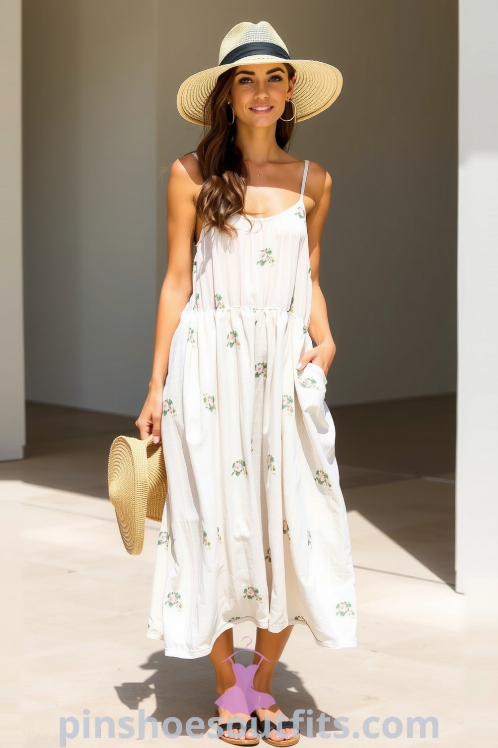 Floral linen sundress with a relaxed silhouette, thin adjustable straps, and a cinched waist, styled for a sunny picnic or beach stroll. A perfect example of everyday elegance. pinshoesoutfits.com
