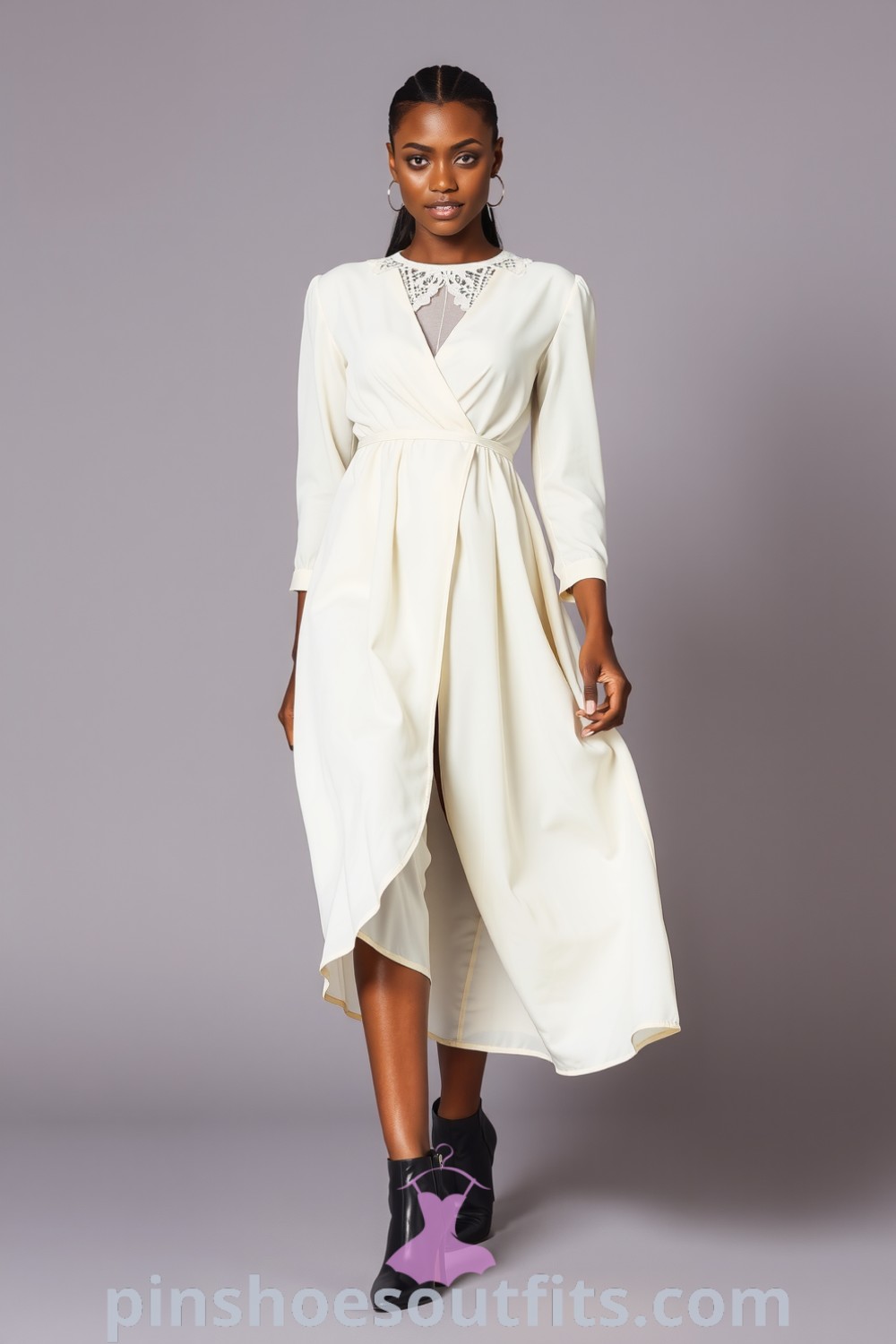 Elegant Black woman in a chiffon midi dress with lace detailing, stylishly paired with ankle boots, exemplifying everyday elegance. Outfit ideas for women to look chic and classy this season at pinshoesoutfits.com.