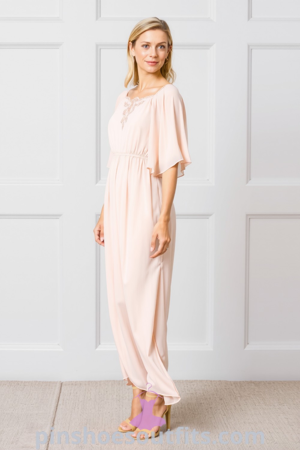 Elegant blush pink chiffon dress with lace detailing and billowing sleeves, paired with strappy nude heels, exuding timeless elegance and femininity. pinshoesoutfits.com