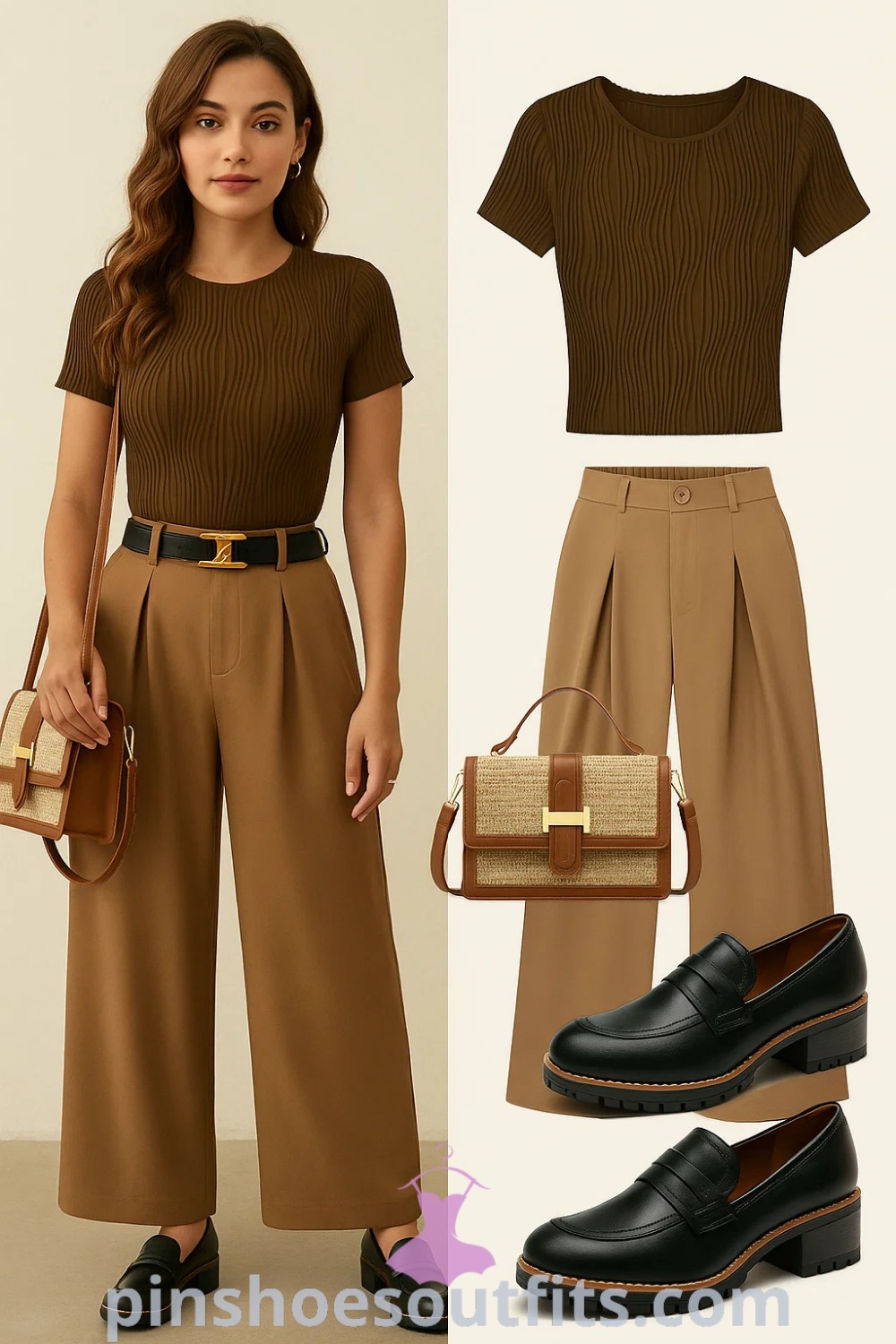 sophisticated smart casual outfit with a brown ribbed t-shirt, taupe wide-leg trousers, black chunky heeled loafers, and a structured beige handbag from pinshoesoutfits.com, perfect for office, brunch, and casual outings in a trendy and elegant style.